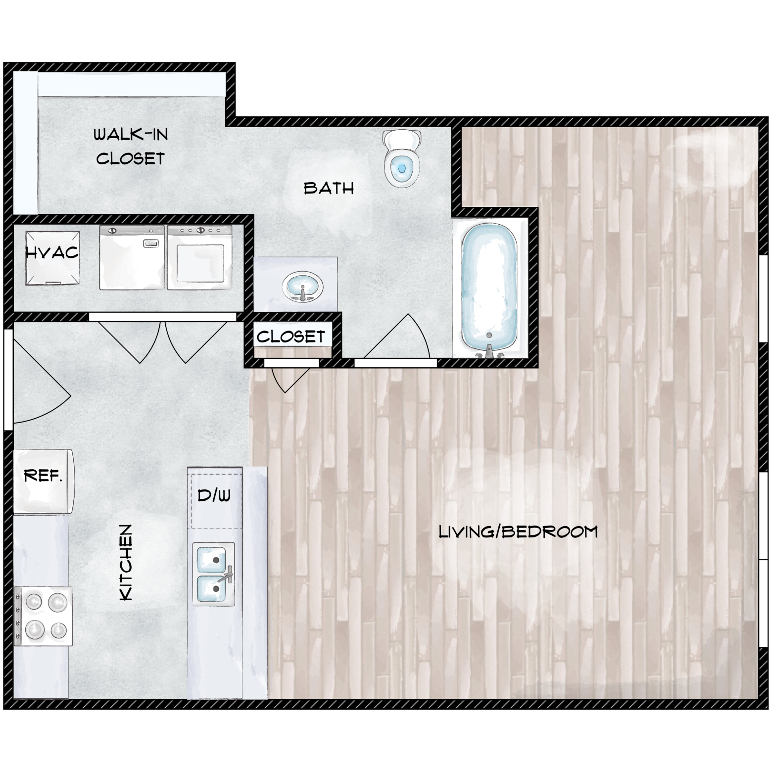 Floor plan for 1 bed, 1 bath, 606 sqft